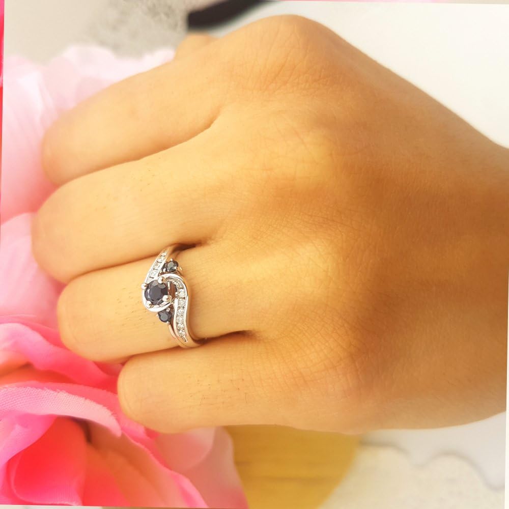 Dazzlingrock Collection Round Blue Sapphire & White Diamond Womens Swirl Bridal Engagement Ring Matching Band Set, 10K Solid White Gold