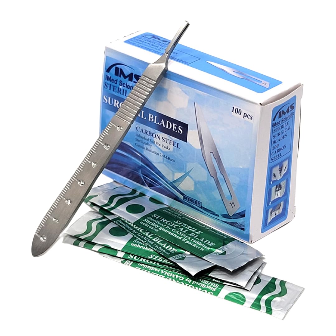 IMEDS Scalpel Blades #11 Sharp Carbon-Steel Sterile Pack of 100 with Free Stainless Steel Scalpel Handle #3 Graduated Kit to Make Finest Precision Cuts, Durable Quality for Experts & Professionals