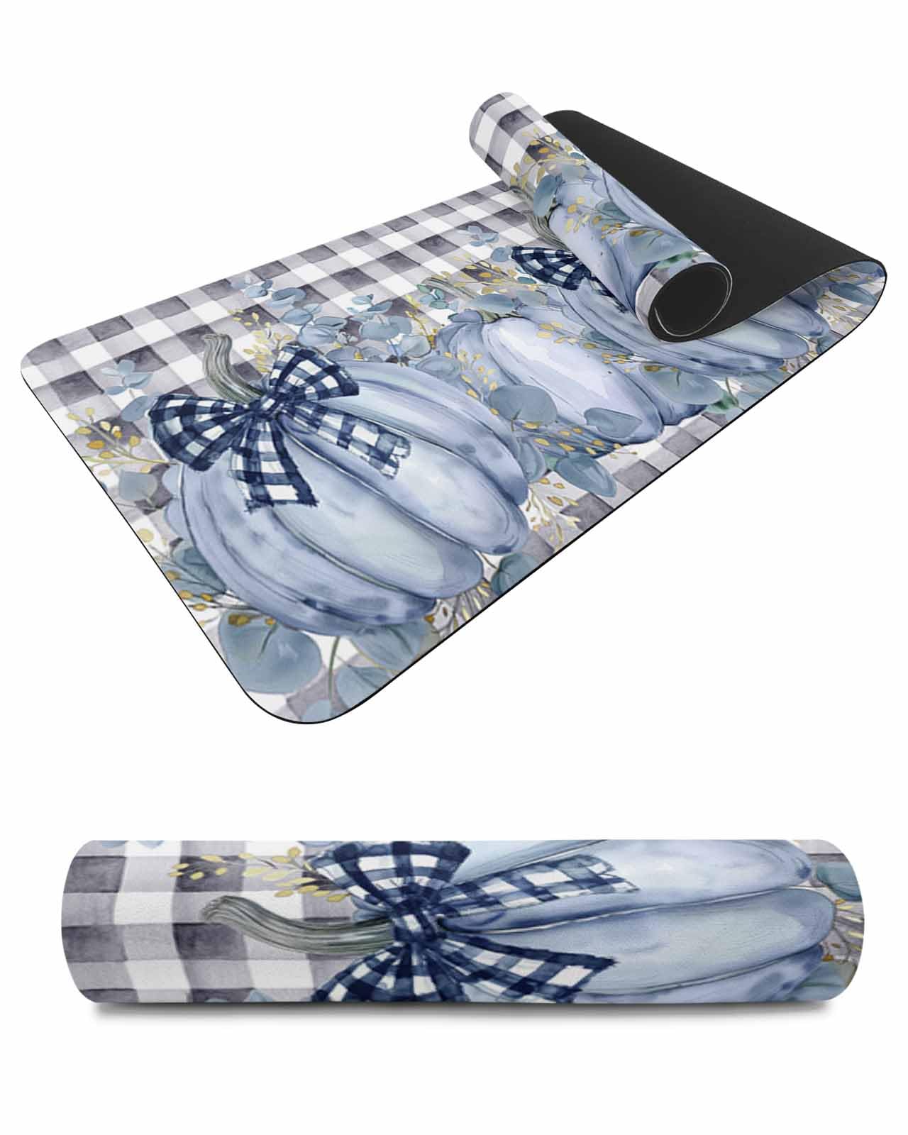 Debedcor Heat Proof Table Pads Waterproof Decorative, Purple Blue Pumpkin Non-Slip Table Countertop Protector, Fall Eucalyptus Leaves Plaid Insulation Mat for Dining Room, 48 x 12 Inches