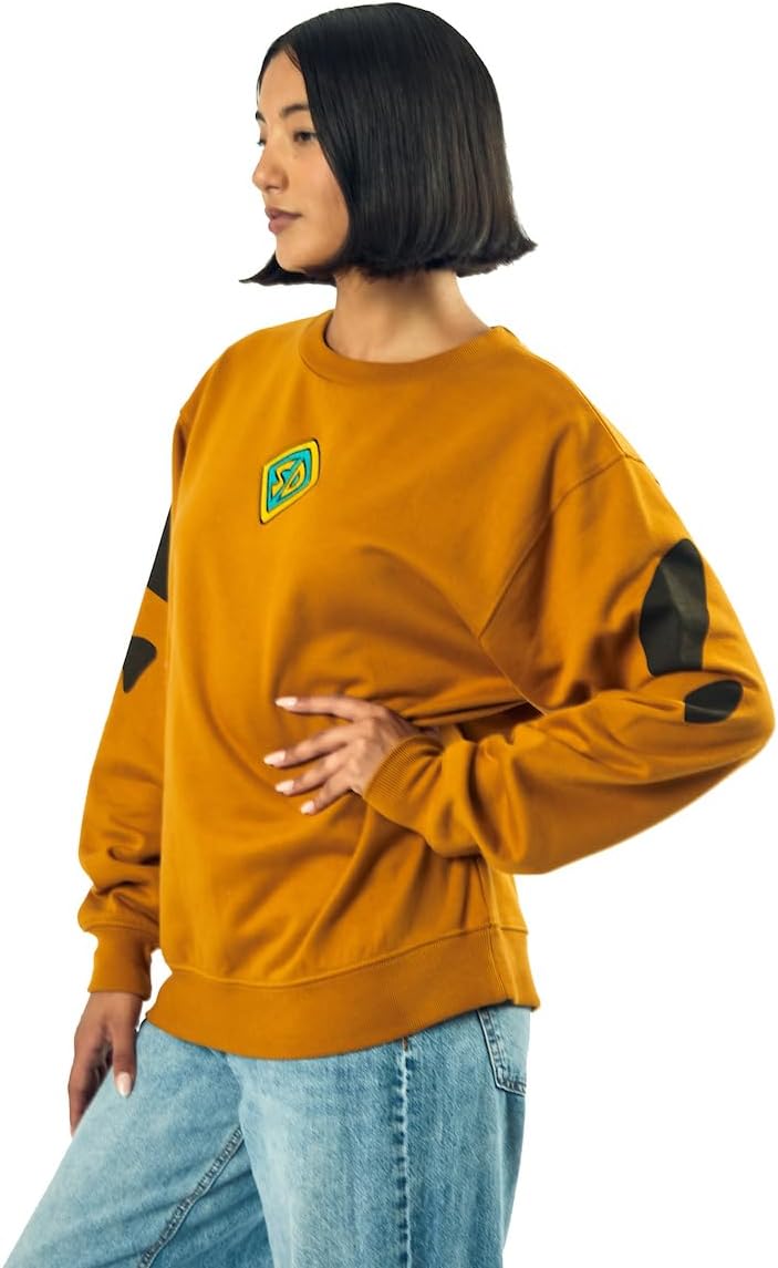 Bioworld Scooby Doo Dog Tag & Spots Women's Brown Crew Neck Long Sleeve Oversized Fleece Sweatshirt