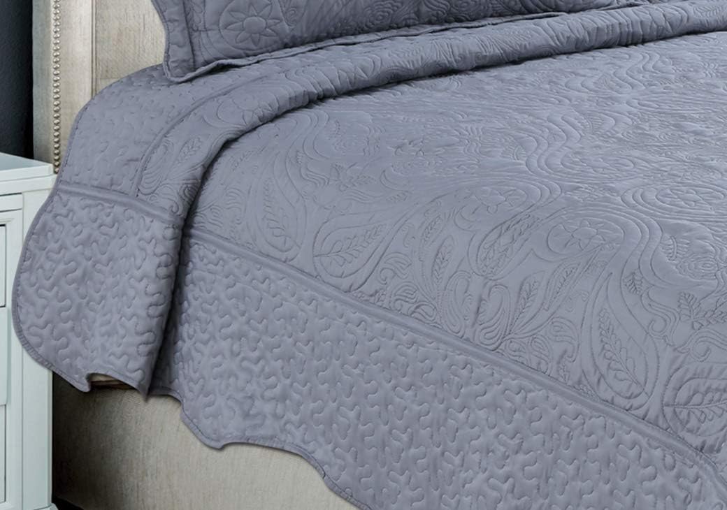 Marina Decoration Embroidered Stitching Coverlet Bedspread Ultra Soft Solid 3 Piece Summer Quilt Set with 2 Quilted Shams, Grey Floral Paisley Pattern King Size