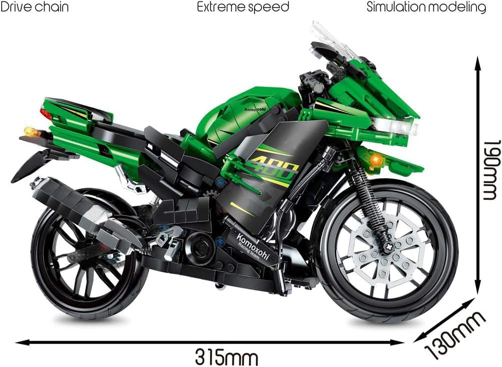 Side view of the assembled motorbike model with dimensions labeled