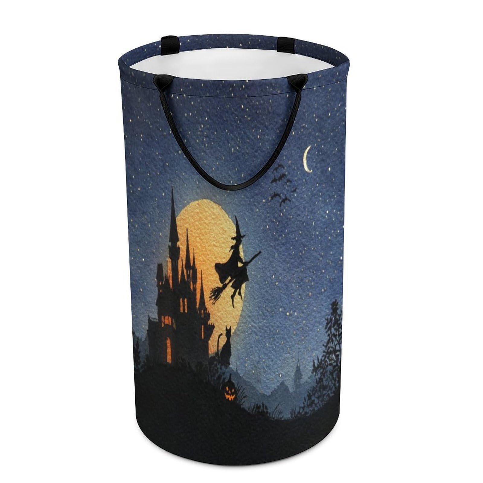 LUYYSKY Classic Watercolor Witch Silhouette Versatile Storage Laundry Basket, Rustic Vintage Full Moon Halloween Castle Black Cat Pumpkin Large Capacity Bathroom Hamper With Handle