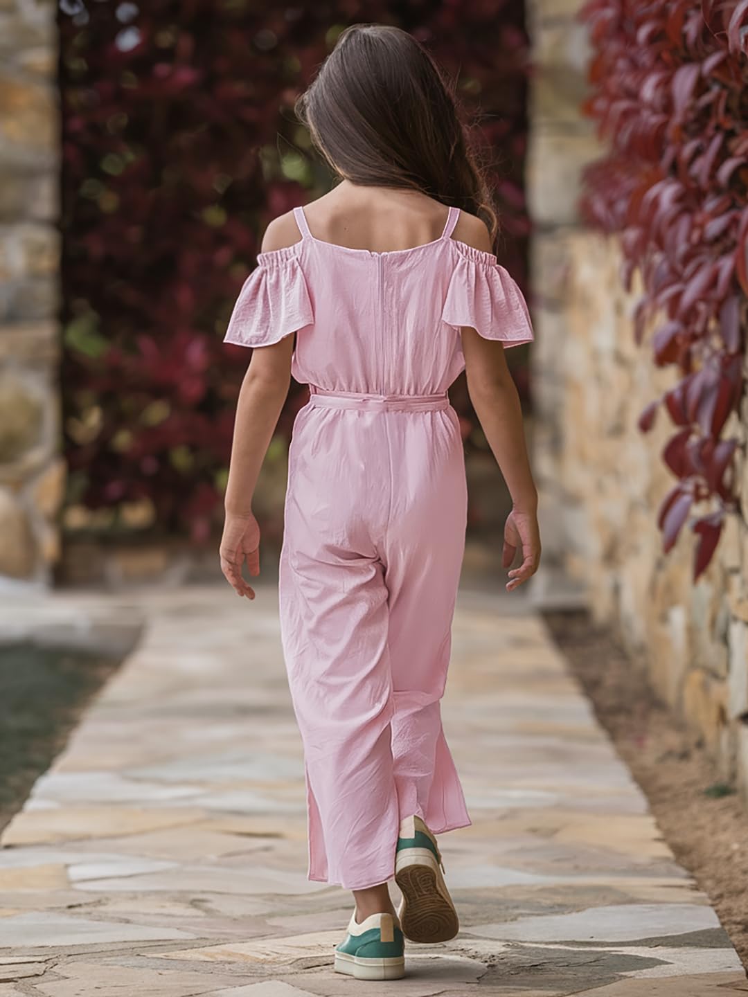Naughty Ninos Girls Pink Schiffli Styled Solid Jumpsuit (Nn01023Drs_3-4 Years)