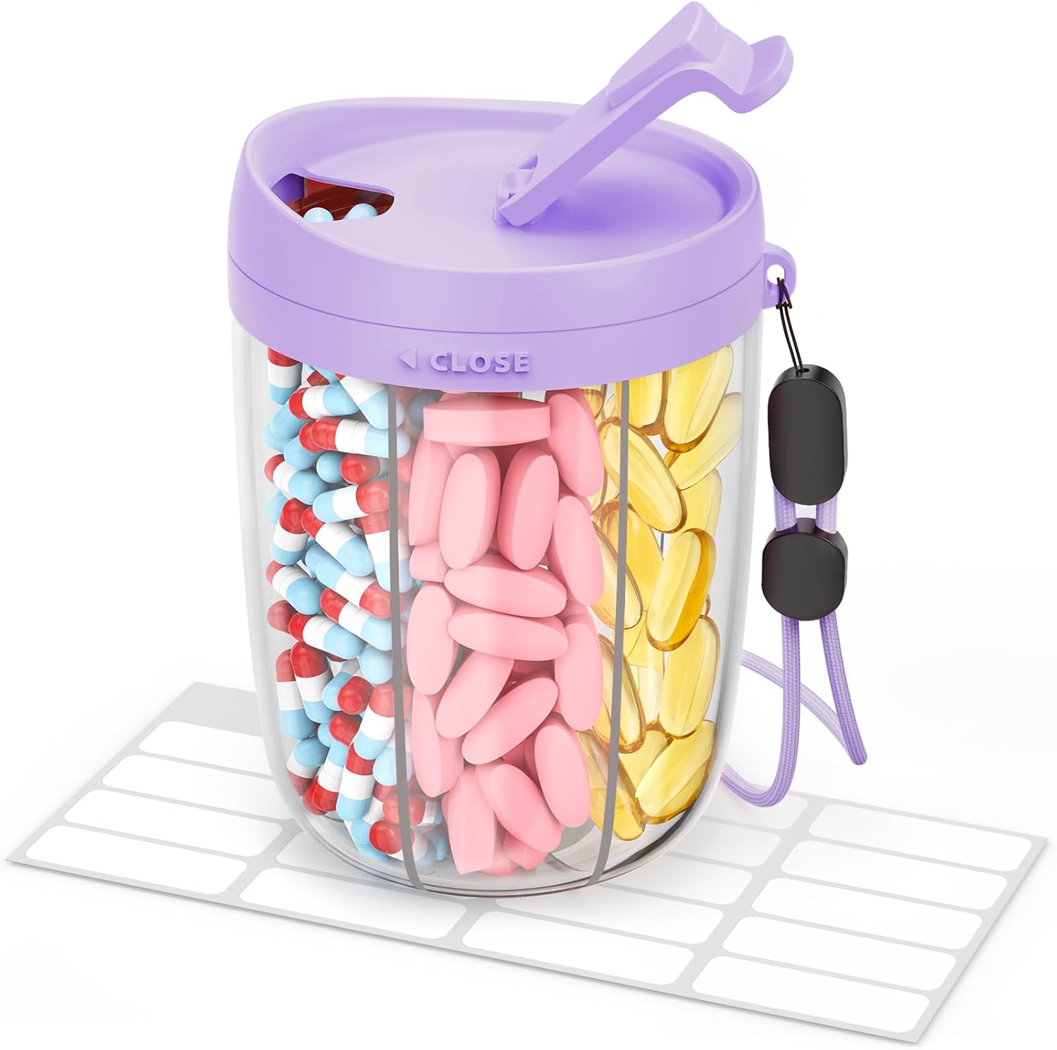 Large Pill Dispenser with 6 Compartments, Anti-Mix Pill Bottle Organizer with Wide Opening & Easy Retrieval, Vitamin Organizer for Travel, BPA-Free Pill Box with a Strap, Purple