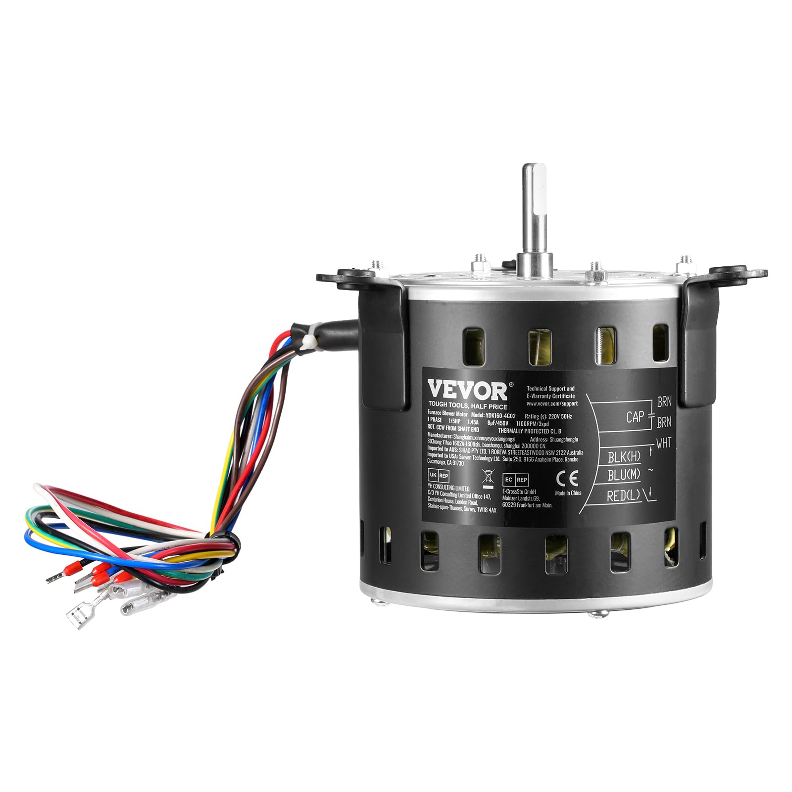 VEVOR Moteur Ventilateur Four, 1/5 CV, 1,45 A, 3 Vitesses 1100/900/700 tr/min, Diamètre d'Arbre 10 mm, Longueur d'Arbre 20 mm, ROT CCW à Partir de l'Extrémité de l'Arbre, Condensateur CBB60 8 μF/450 V