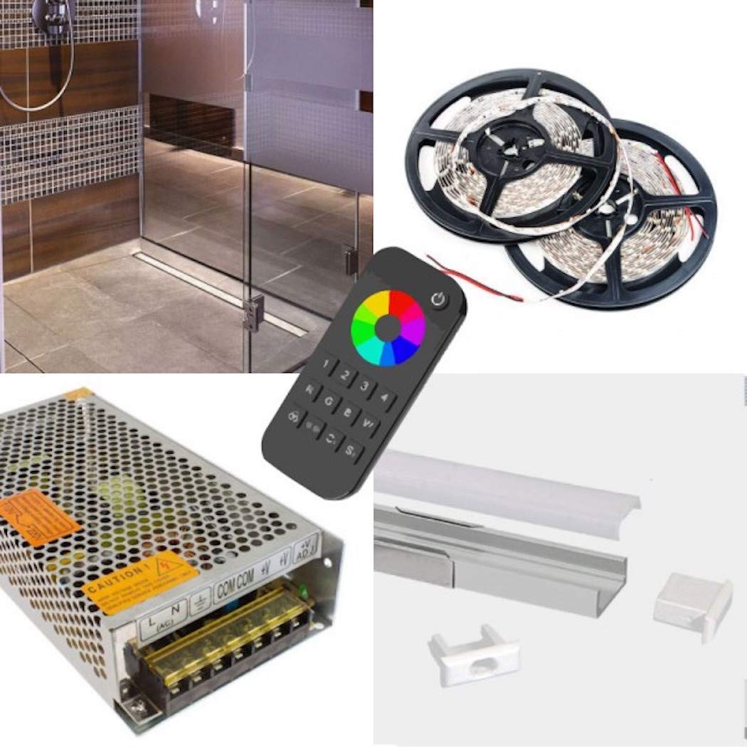 Kit de cinta LED RGBW que cambia de color para baño, ducha, WC, kit de LED, incluye cinta de tira LED, perfil de aluminio LED, controlador LED + mando a distancia LED RF