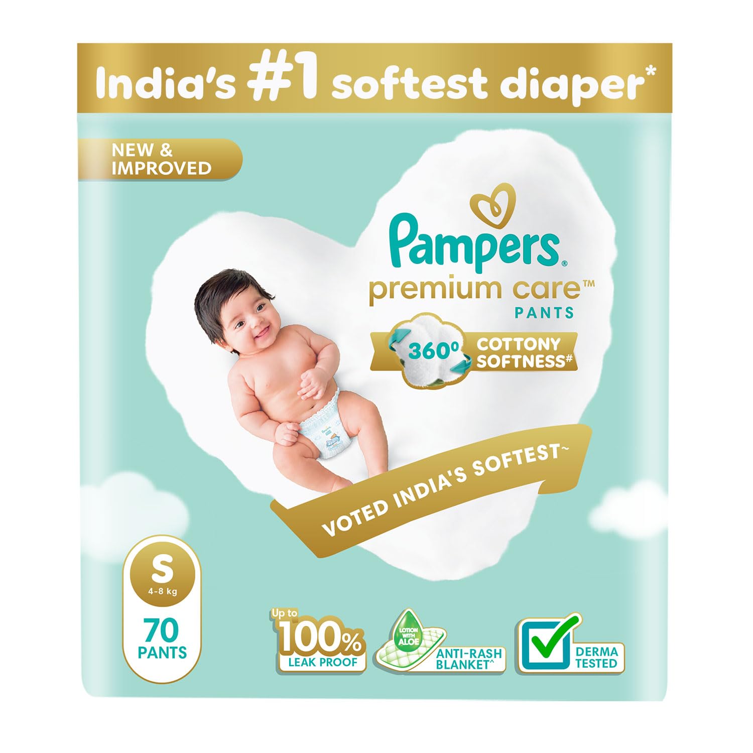 Pampers Premium Care Pant Style Baby Diapers | Small (S size) | 70 Count | Voted India's Softest | All-in-1 with 360 Cottony Softness Diapers | 4-8kg