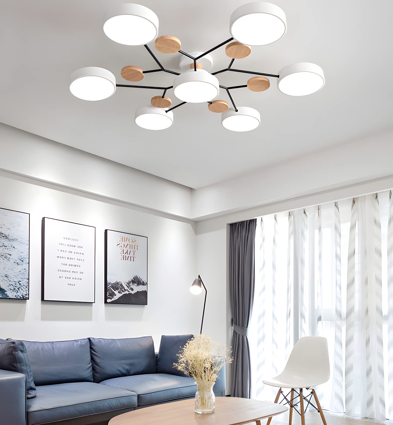 Modern Chandelier Ceiling Light Semi Flush Mount Circular Acrylic LED Ceiling Lamp Nordic Grey Sputnik Light with Wood for Dining Room Bedroom