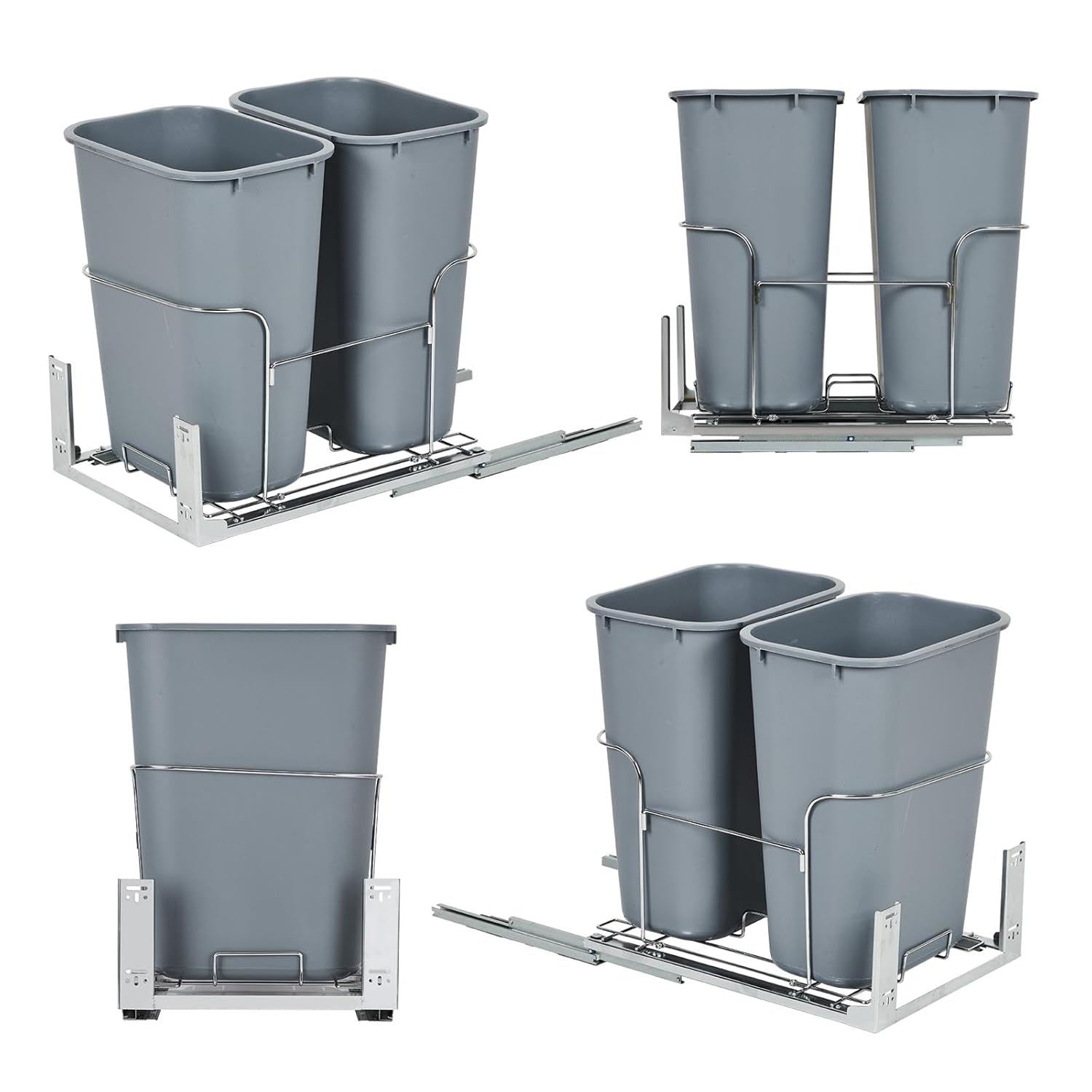 2 x 25 Quart Double Bin Pull-Out Trash Can for Under Kitchen Cabinet, Space-Saving Under Sink Garbage and Recycling System with Full-Extension Slides, Heavy-Duty Under-Mount Waste Container, Grey