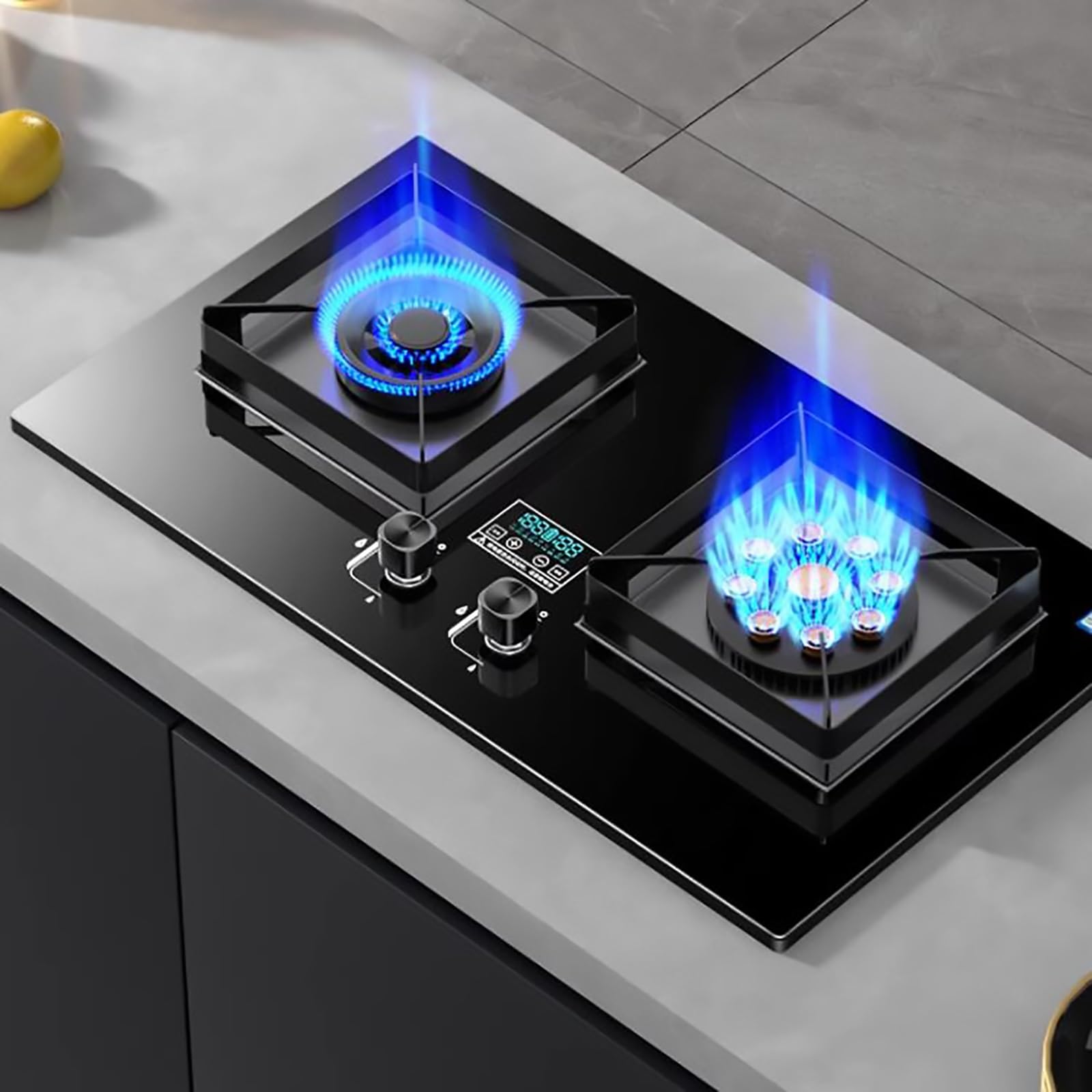 THEGA Cocina Gas Sobremesa Y Empotradas Doble, Estufa Gas Doble Izquierda 5,0 KW y Derecha 5,2 KW, sincronización Inteligente Bilateral, Horno Cuadrado recolección energía, fácil Limpiar(LPG)