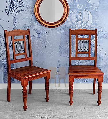 Image of Solid Sheesham Wood Set of Two Dining Chairs for Dining Room | Study Room | Office | Guest Room | Finish Color - Honey Teak Finish |