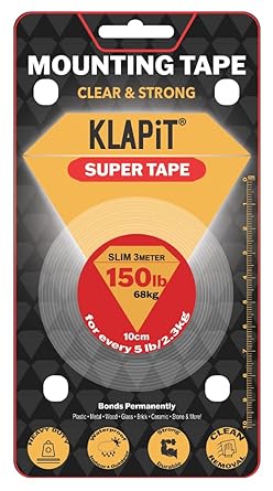 KLAPiT SUPER TAPE - Double Sided,Heavy Duty Mounting Tape Holds 68Kg Weight Using Enhanced Nano Technology. Waterproof Clear Tape for Wall, Wood, Tile, Stone, Glass, Metal and Acrylic (Slim3m, 1Pc)