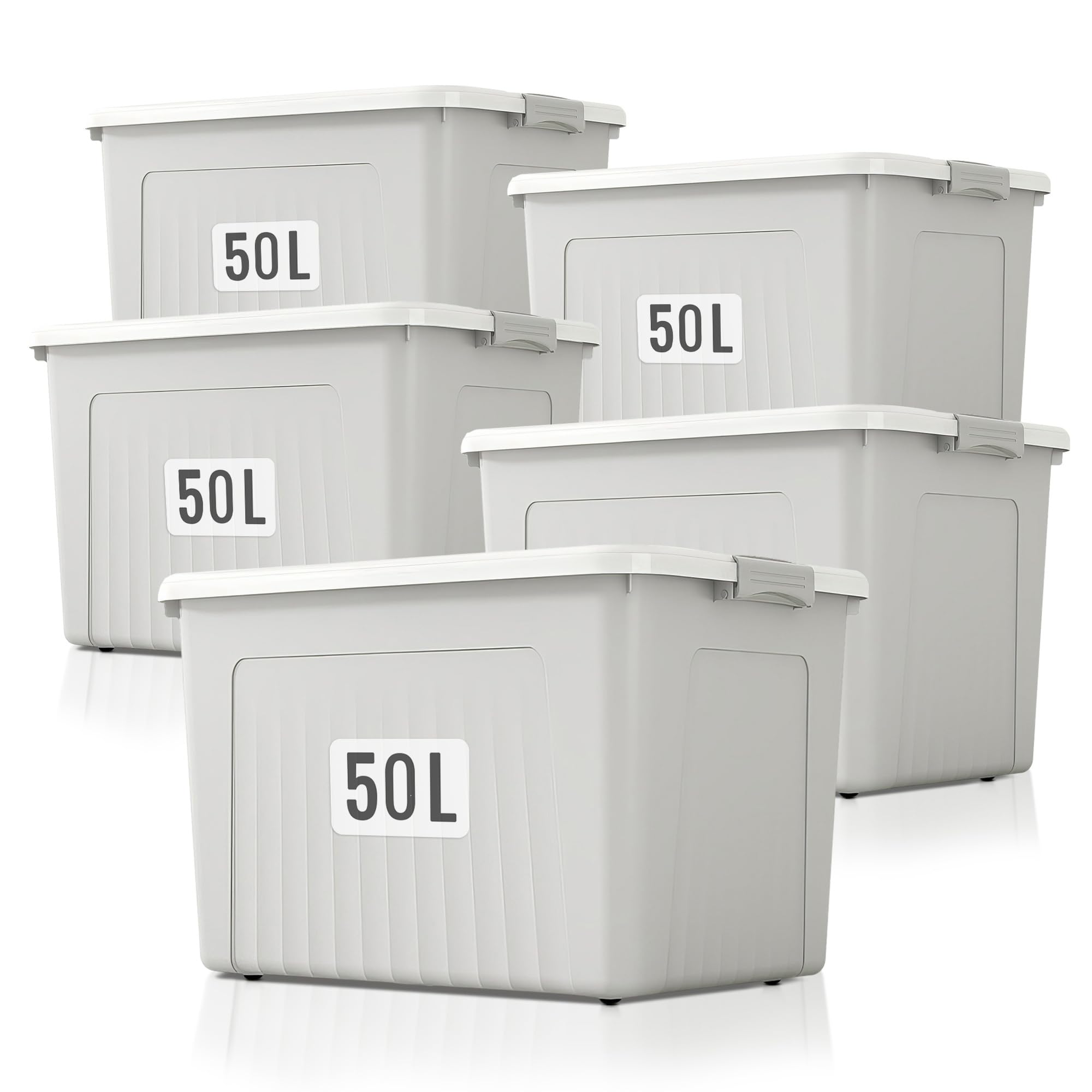 Froppi 5 x 50 Litre Premium Useful Plastic Storage Box with Lid and Wheels | Stackable | Grey | L55 W39 H31 cm | 5 Pack
