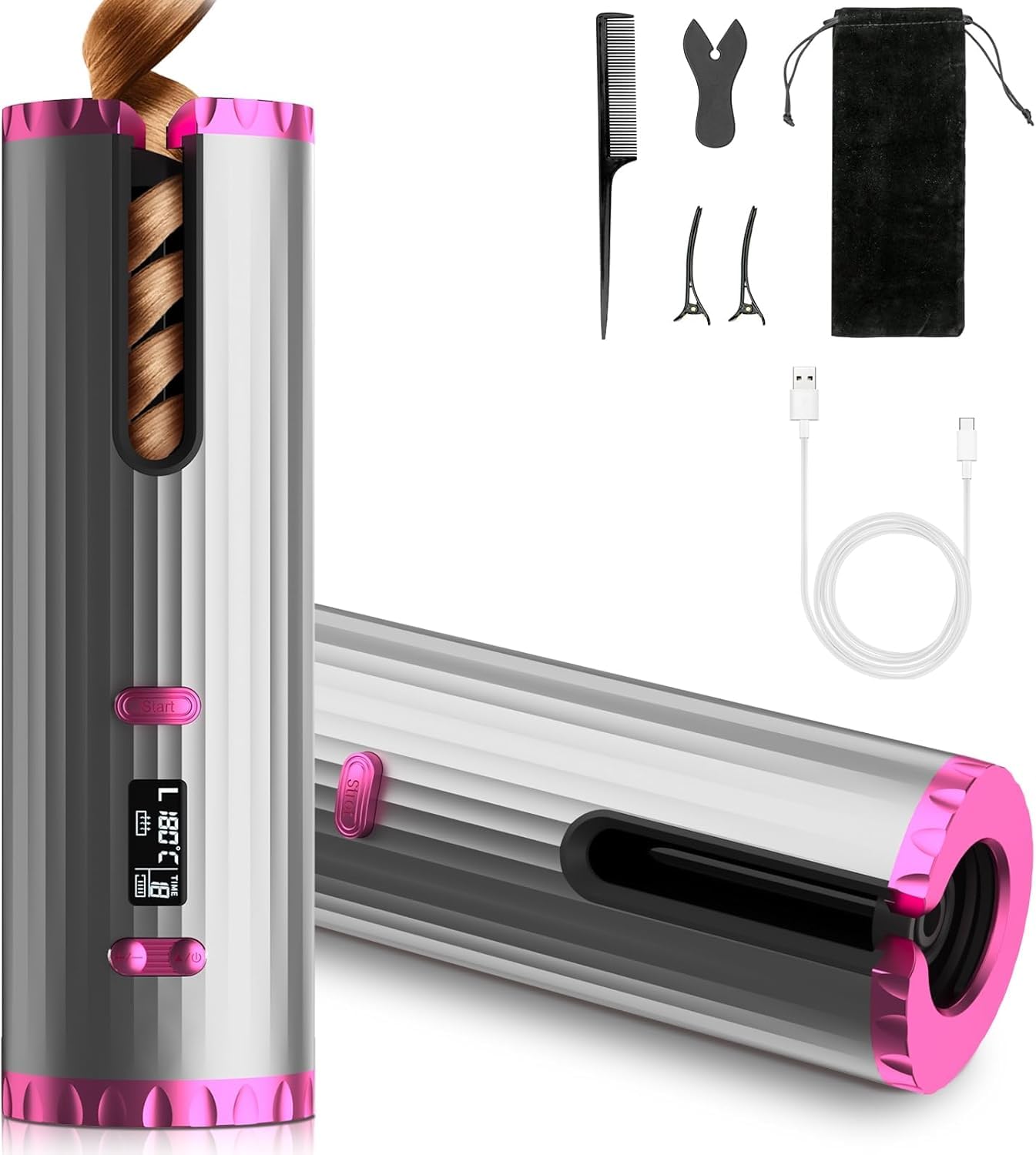 Automatischer kabelloser Lockenwickler, Farbverlauf Rosa - 6 Heizstufen, schnelles Aufheizen 60s, Auto Hair Wrap & Tangle-Free, Nano-Keramik- & Turmalin-Beschichtung für glänzendes Haar, tragbarer