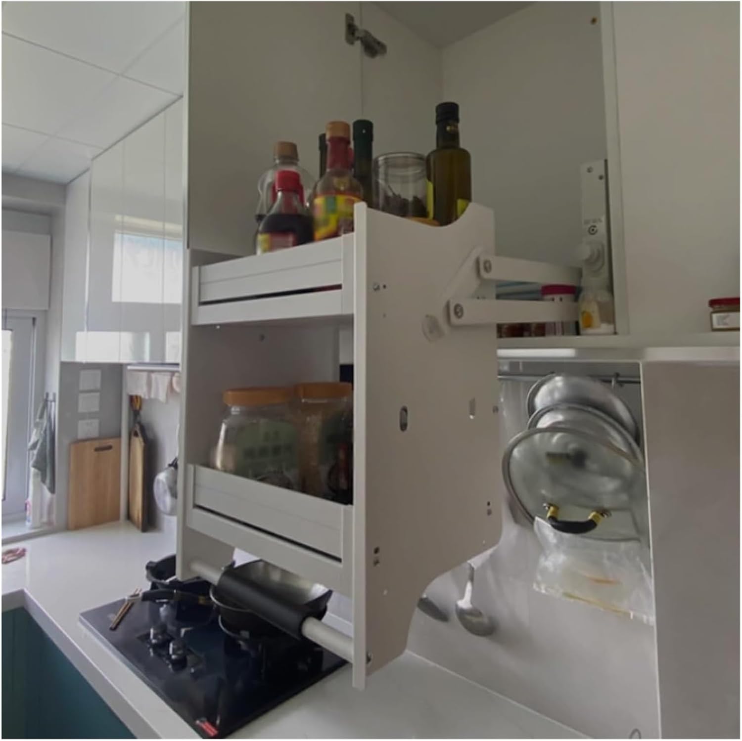 Pull Down Shelf,Upper Cabinet, 2 Tier Pull-Out Cabinet Organizer Kitchen Pull Down Shelf Wall Storage Multifunction Space-Saving Rack(Dark Gray,22"x10"x21"(56x26x54cm))