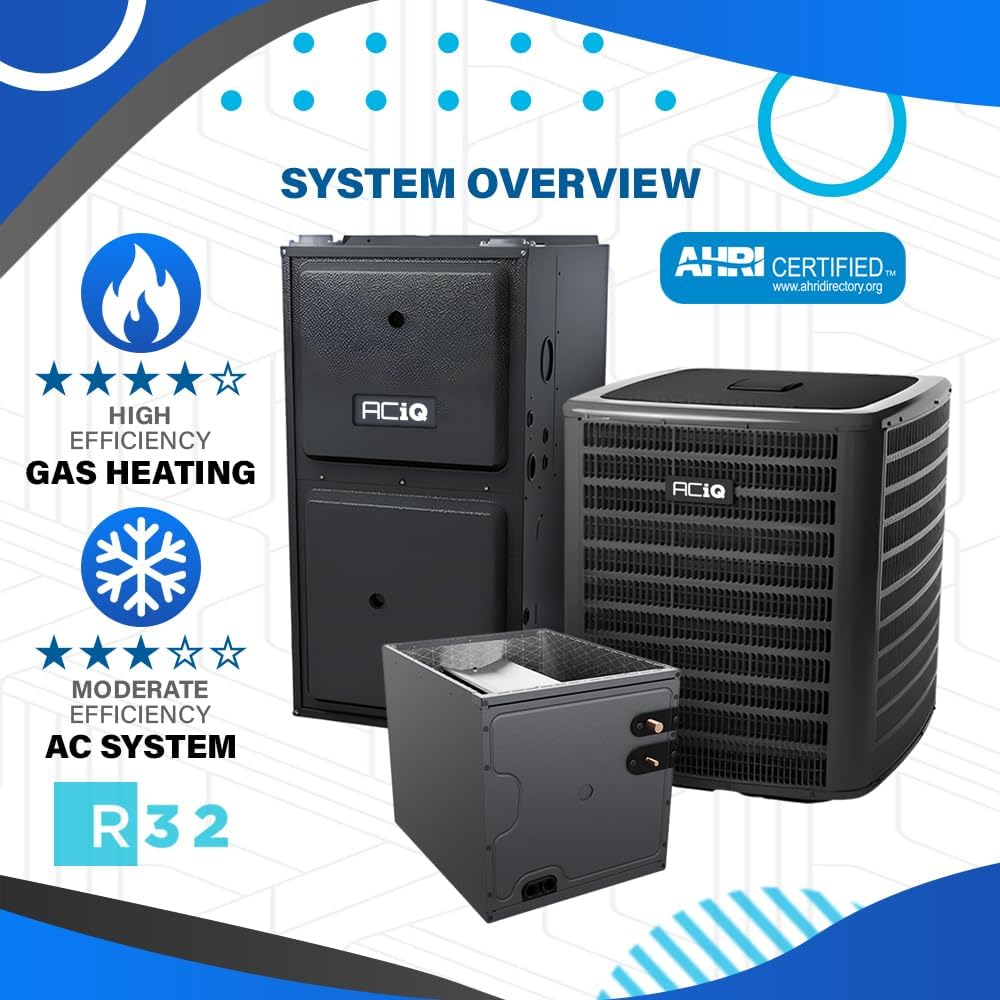 ACiQ 5 Ton 14 SEER2 Central Split AC Unit | 92% 100000 BTU Natural Gas Furnace, Evaporator Cased Coil, & Single Stage Air Conditioner System - R32 Upflow
