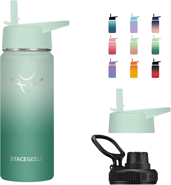 STACEGEELE Insulated Vacuum Water Bottle for Kids with Straw Lid Stainless Steel Flask Thermos for Boys and Girls Leak Proof Lightweight Eco Friendly 18oz