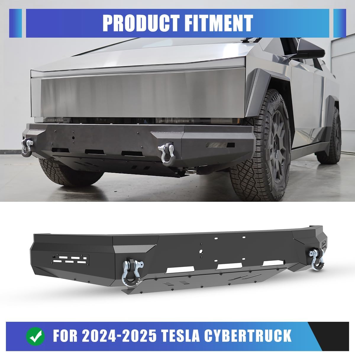 AUTOWIKI Front Bumper Assembly for 2024 2025 2026 Tesla Cybertruck Heavy-duty Steel Front Bumper Assembly w/Front Bumper Main Body | 1x Skid Plate | 2x Side Wings | 2x D-Rings, Textured Black Powder