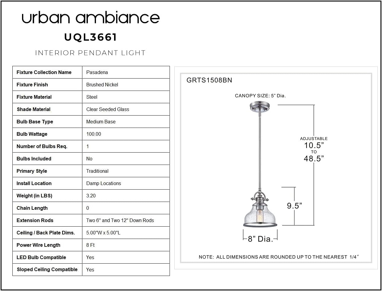 Urban Ambiance Luxury Traditional Pendant, Small Size: 9.5''H x 8''W, with Classic Style Elements, Brushed Nickel Finish, UQL3661, Pasadena Collection