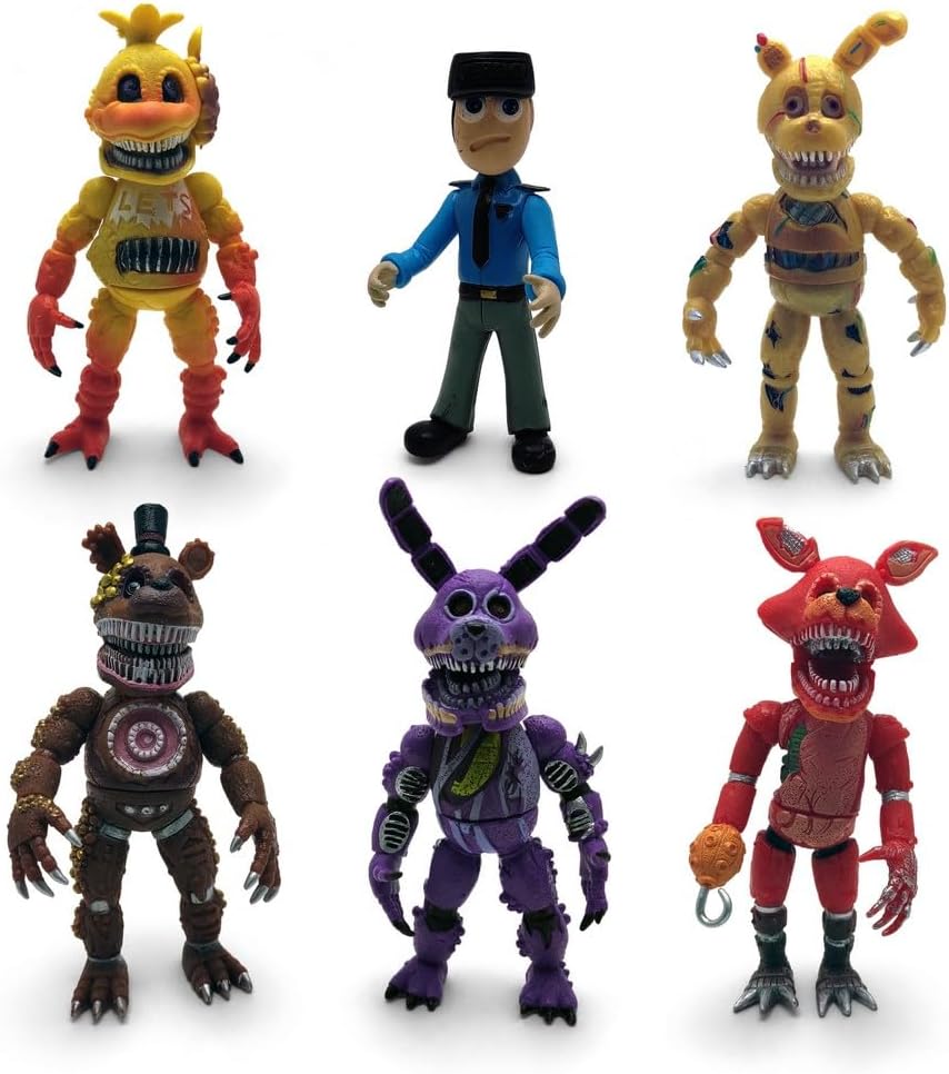 Inspired by Five Nights at Freddy Game Action Figures Collection Toys (FNAF) Toy, Set 6 pcs, Height 6in [Nightmare Foxy, Freddy, Bonnie, Fazbear, Chica and Human Security] with Masks