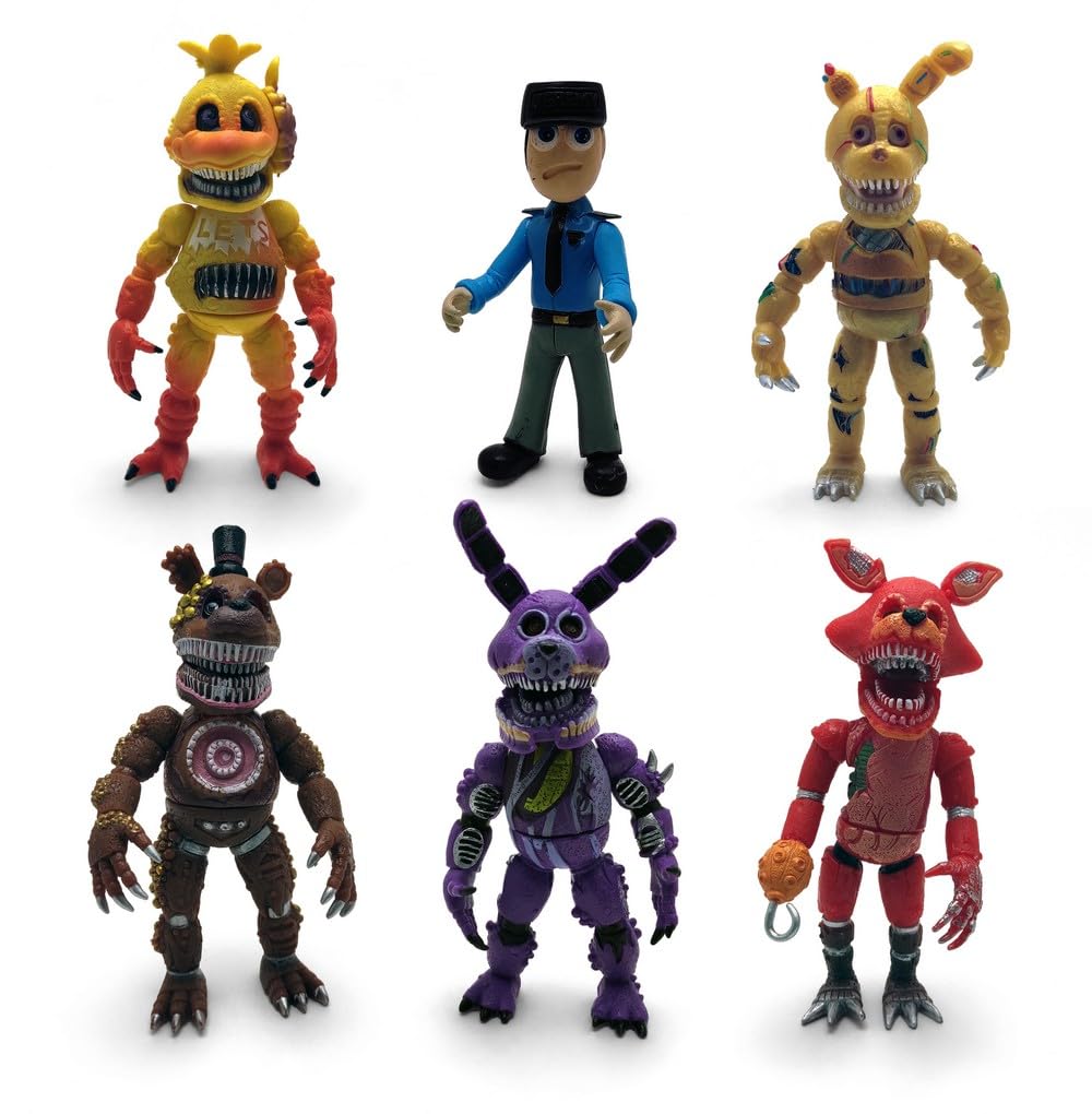 Inspired by Five Nights at Freddy Game Action Figures Collection Toys (FNAF) Toy, Set 6 pcs, Height 6in [Nightmare Foxy, Freddy, Bonnie, Fazbear, Chica and Human Security] with Masks