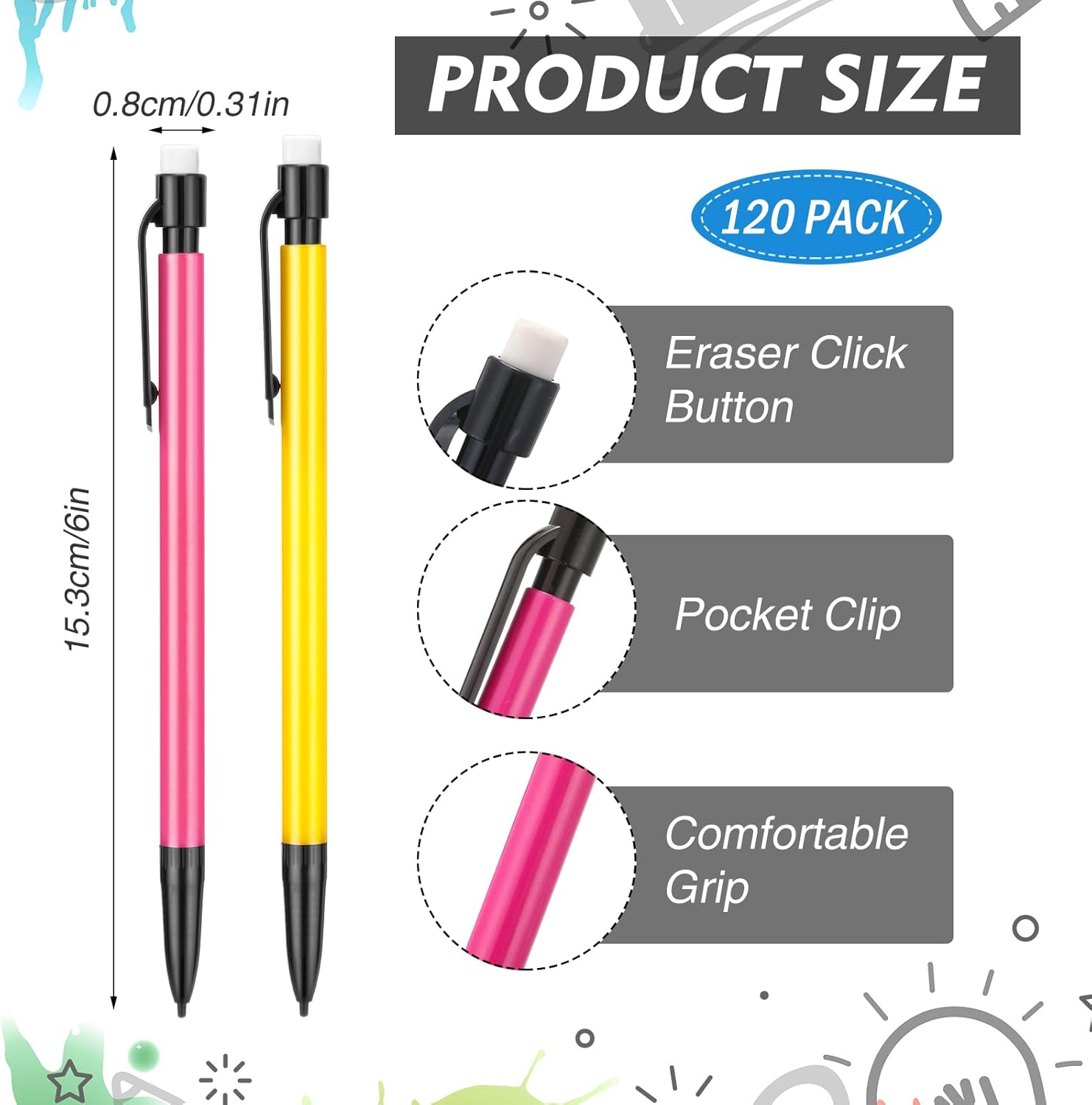 240 Pcs 0.7mm Mechanical Pencils Bulk Set Include 120 Mechanical Pencil with Eraser 120 HB Lead Refills for Art Office Classroom School Student Writing Drawing Sketching Supplies