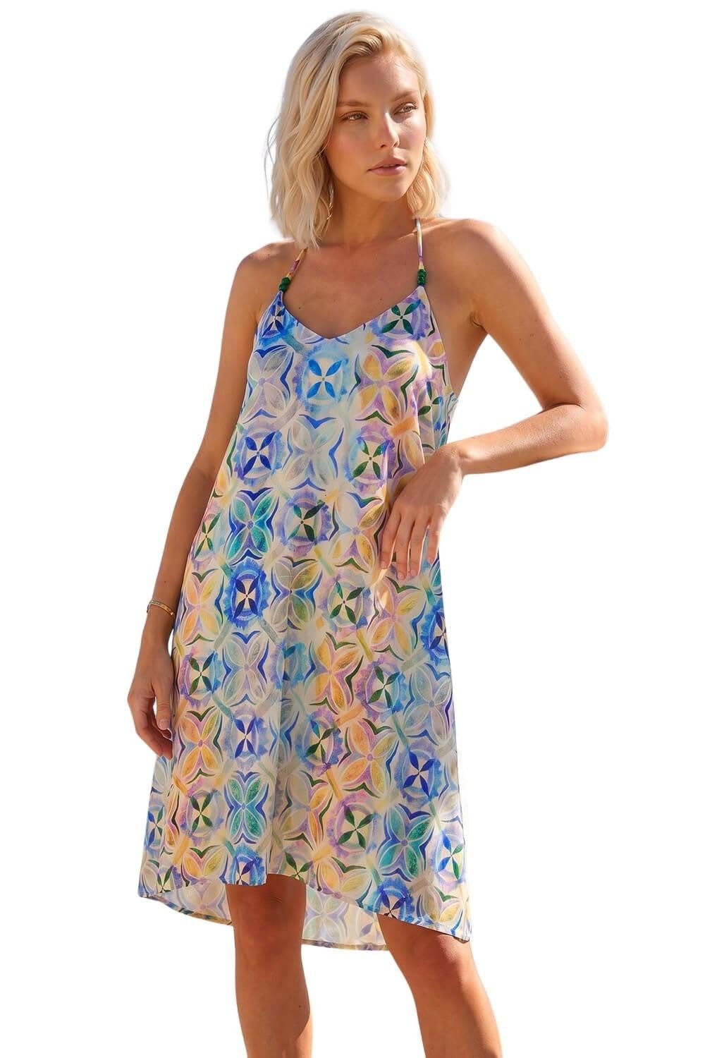 Roman Petite Abstract Halter Neck Stretch Dress for Women UK - Ladies Everyday Holiday Spring Summer V-Neckline Comfy Soft Evening Vacation Work Party - Petite Blue - Size 16