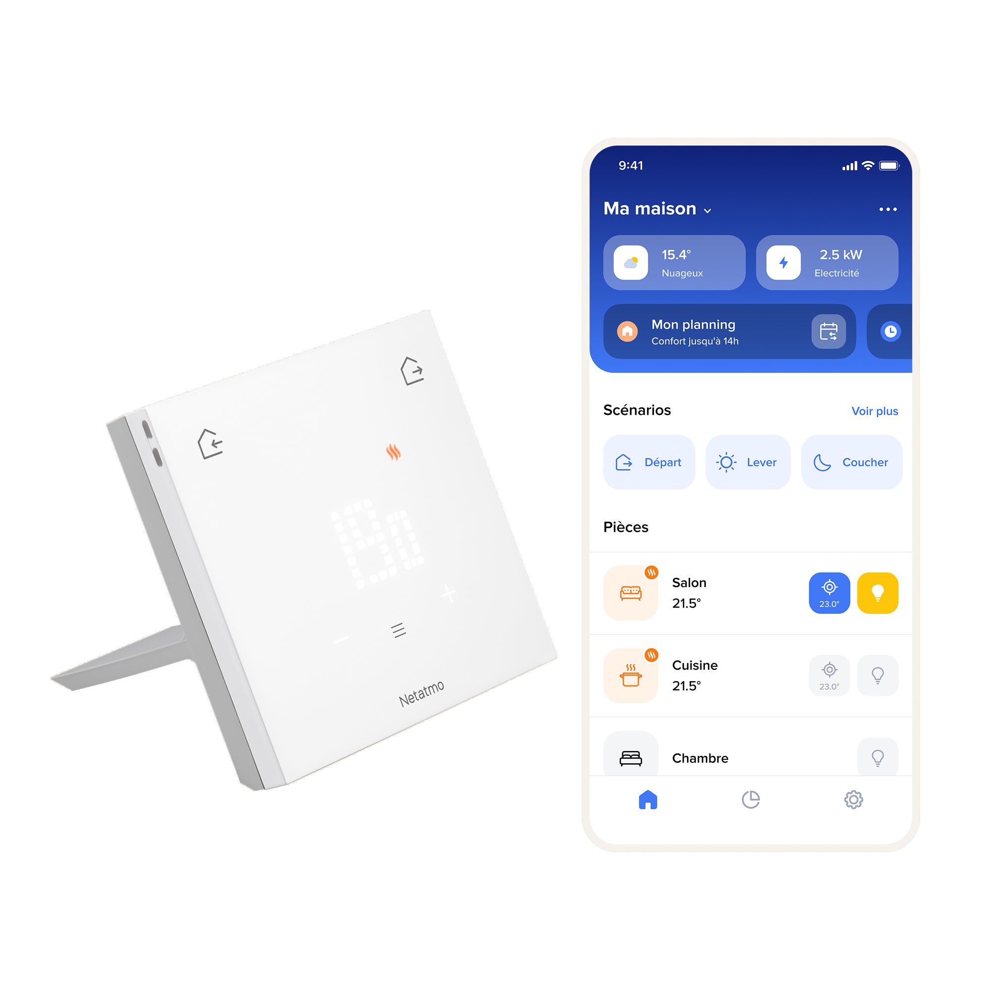 Netatmo Thermostat Connecté Original pour Chauffage Individuel - Pack Installation sans Fil/Filaire, Support Inclus, Économie d’Énergie, Compatible Matter(Alexa,Google,Apple), WiFi 2,4GHz-ETP-AMZ