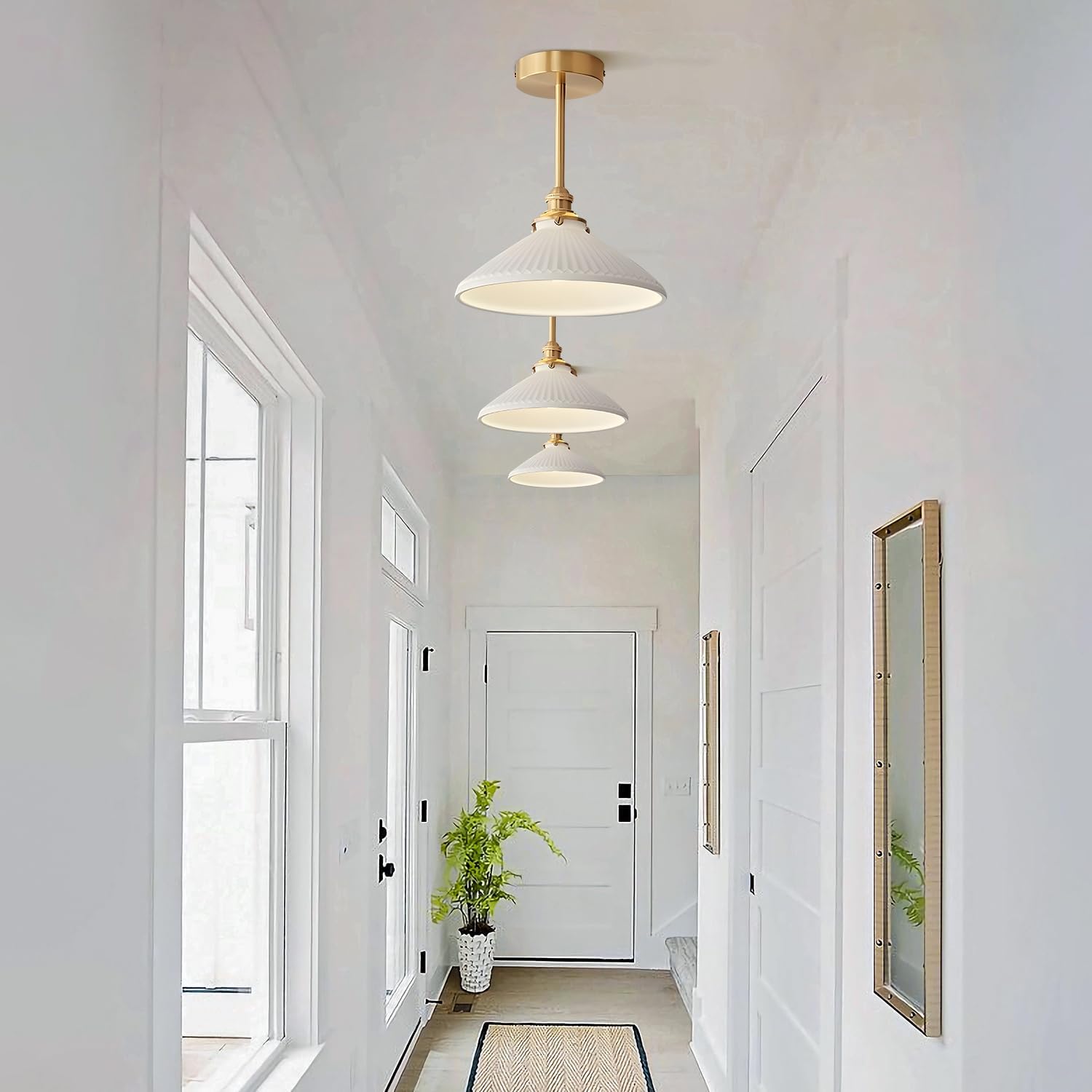 Gold Semi Flush Mount Ceiling Light Mid Century Modern Milk Glass Hallway Ceiling Light Fixtures Vintage White Close to Ceiling Lamp for Entryway Hallway Bathroom Kitchen Stairwell MCL28-A