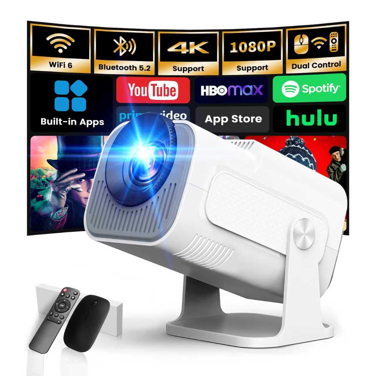 Photo 1 of [Smart Projector & Built-in Apps] Mini Projector Support 4K 1080P FHD Portable Projector with WiFi and Bluetooth 180° Rotatable Auto Keystone, Compatibile with HDMI/TV Stick/Memory Stick/Laptop, White