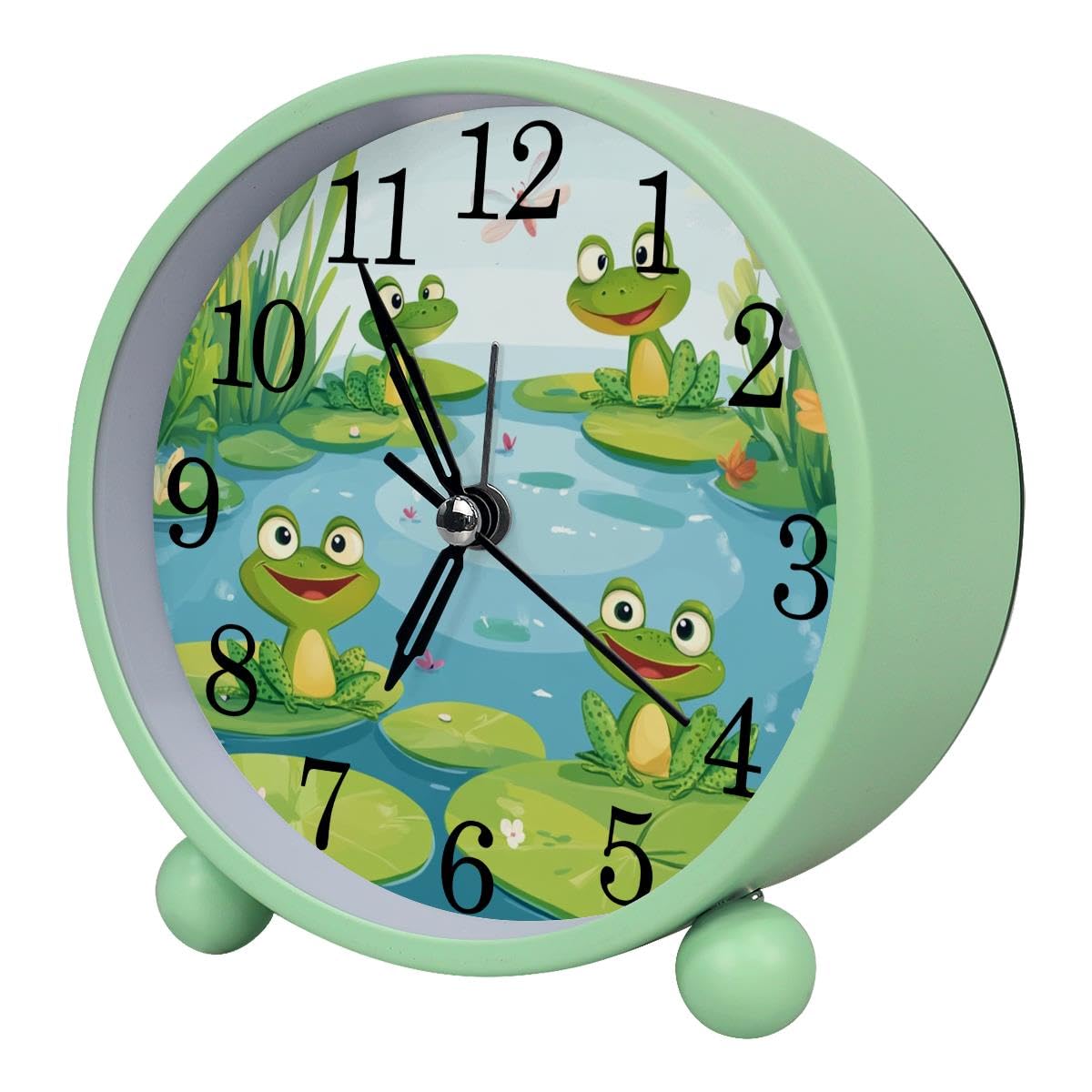 Luoweisi Alarm Clock Frog Dragonfly, Silent Non-Ticking with Night Light, Round Metal Alarm Clock for Office, Battery Operated, Bedroom, Elderly, Adults, Children, Student Gifts