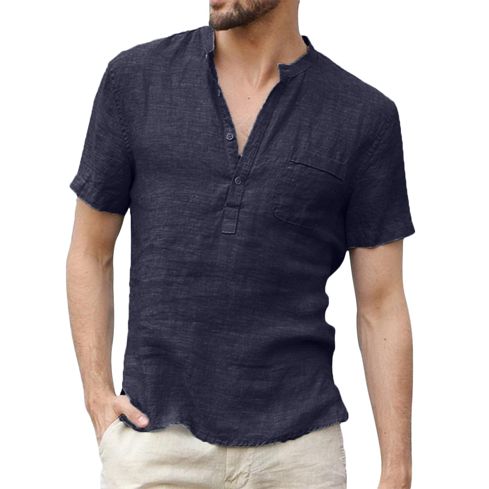 NIBESSER Camisa Lino Hombre Manga Corta Camisa Verano Hombre de Moda Camisa Cuello Mao Hombre Informal con Botónes Henley Shirt Transpirable para Vacaciones Mar Playa