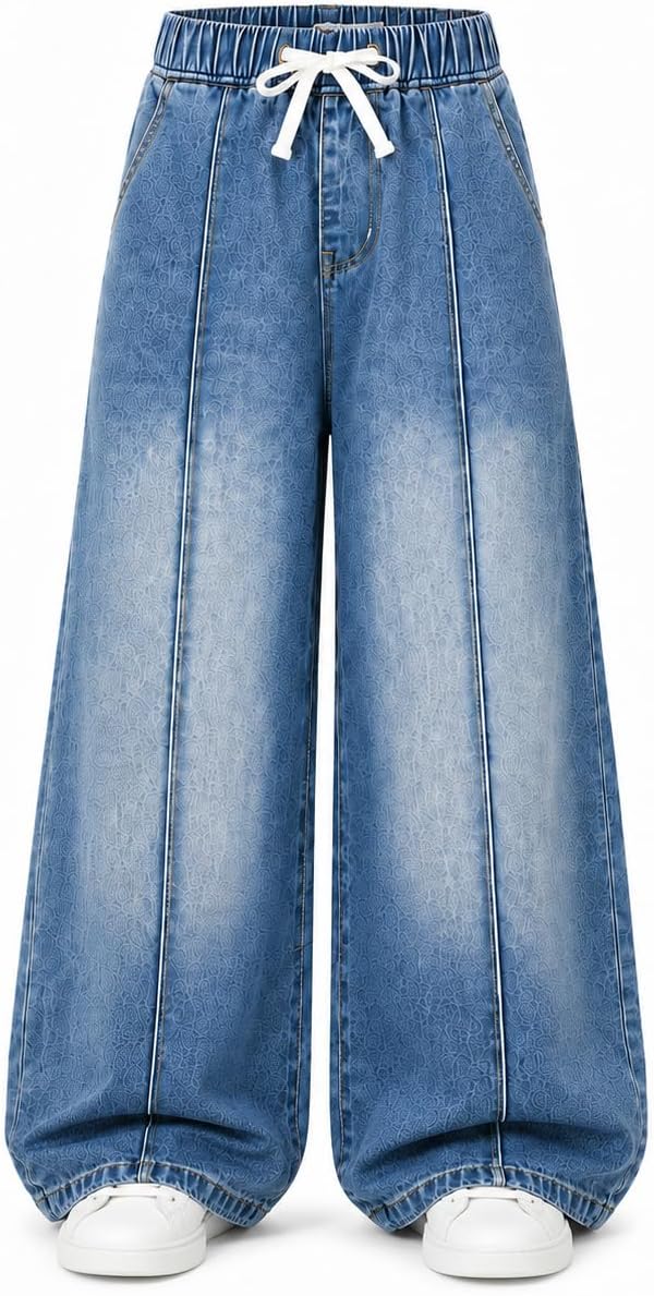 Girls Wide Leg Jeans Bow Tie Elastic Waist Baggy Denim Pants for Girls