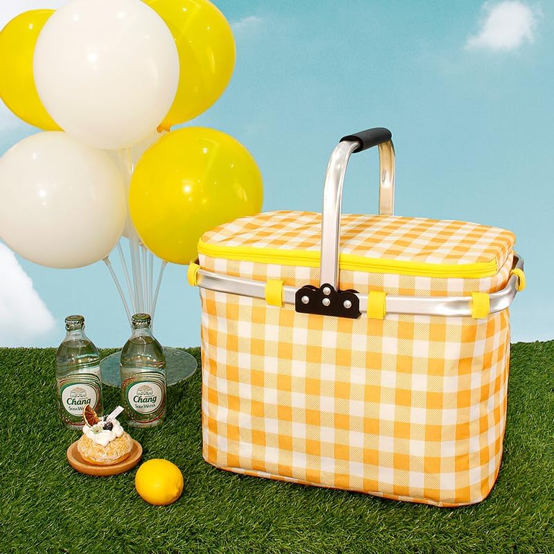 Image of Kuber Industries Picnic Basket With Lid | Market Storage With Aluminum Handles for Travel, Shopping | Check-Print Multi-Utility | 23 Ltr | JY2238-YEL | Yellow | (Pack of 6)