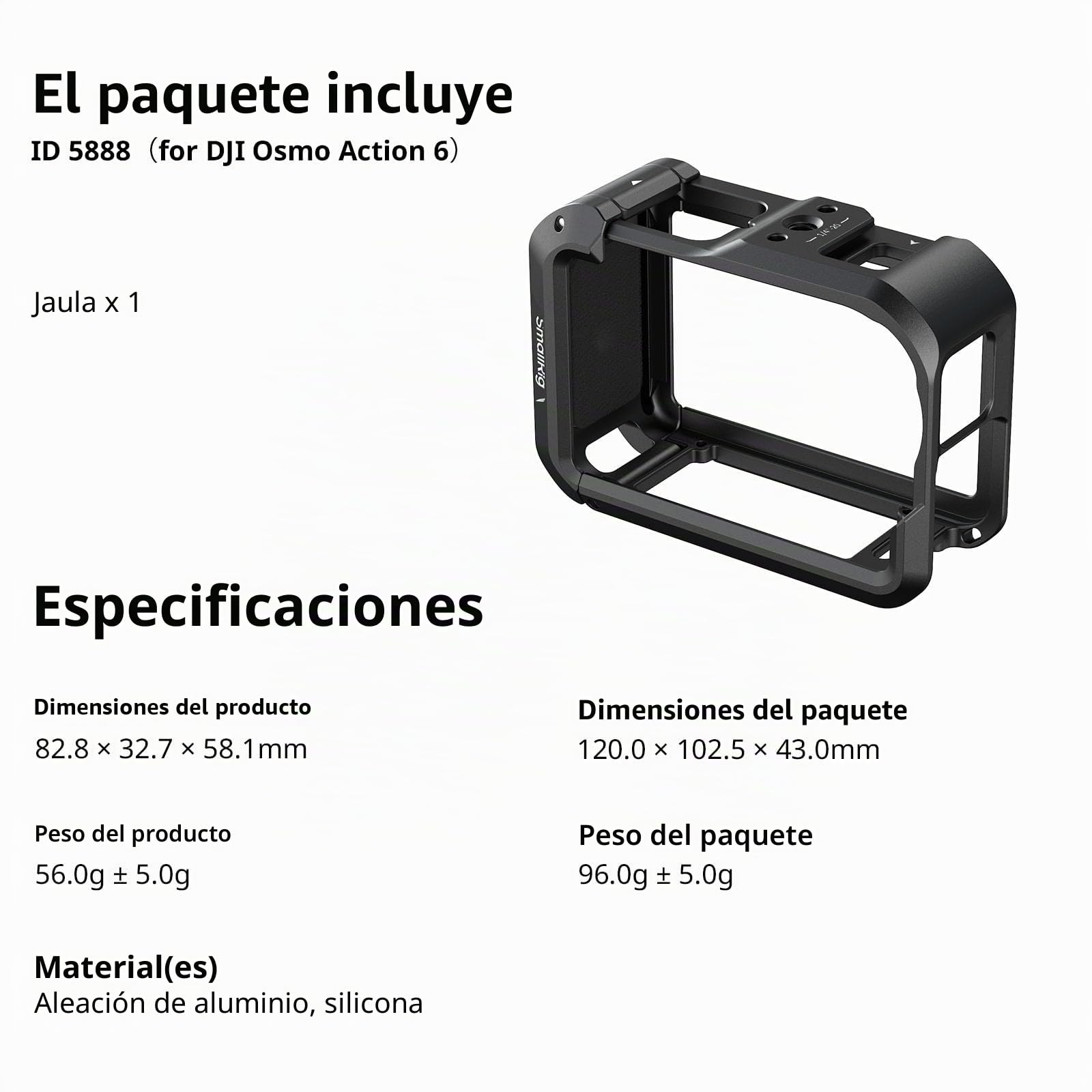 SMALLRIG Jaula para DJI Osmo Action 6, con Interfases de Expansión, Zapata Fría, Roscas 1/4"-20, Liberación Rápida, Marco Protector de Aluminio - 5888