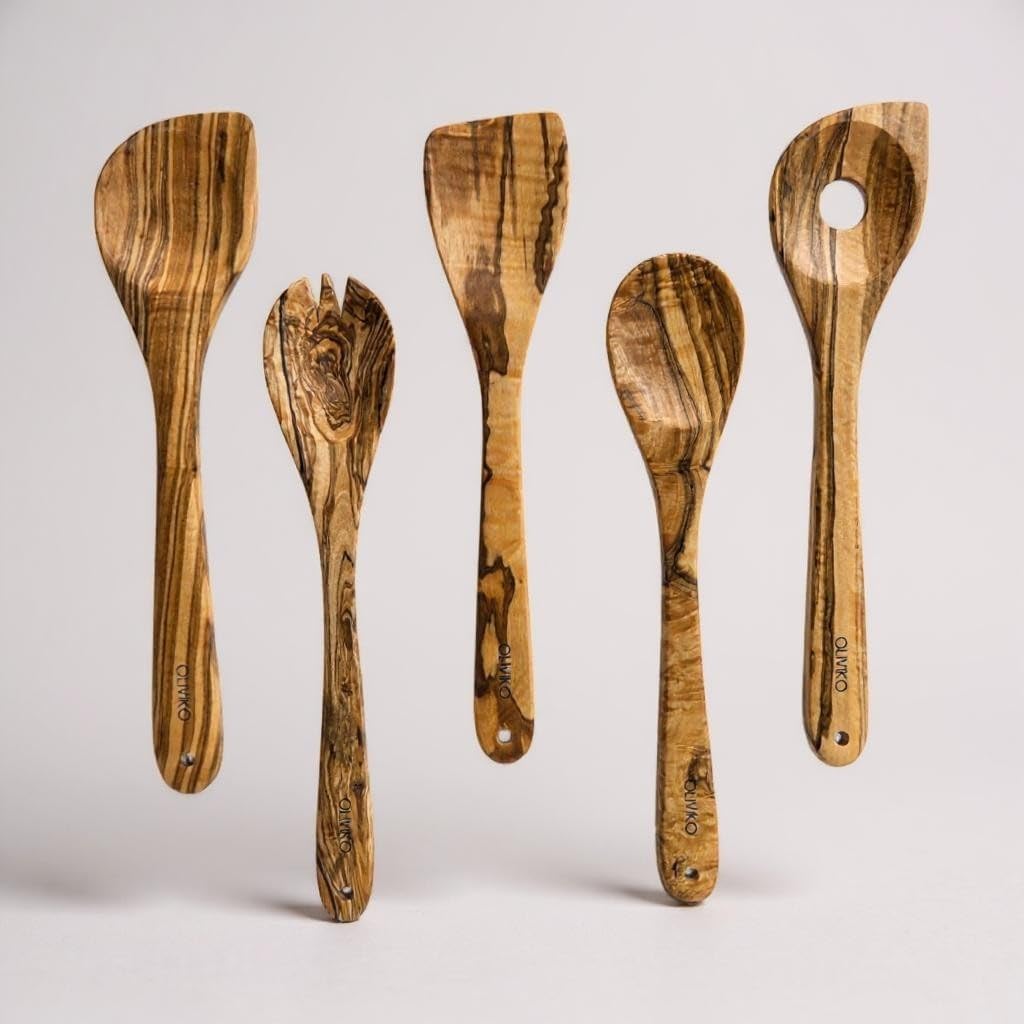 100% Olive Wood HAND MADE 5 Spoon Set | Ideal for Nonstick Cookware & Kitchen Utensils | Cooking, Baking & Serving | Eco-friendly & Handmade | 1 Spatulas & 4 Spoons (12-inches)…