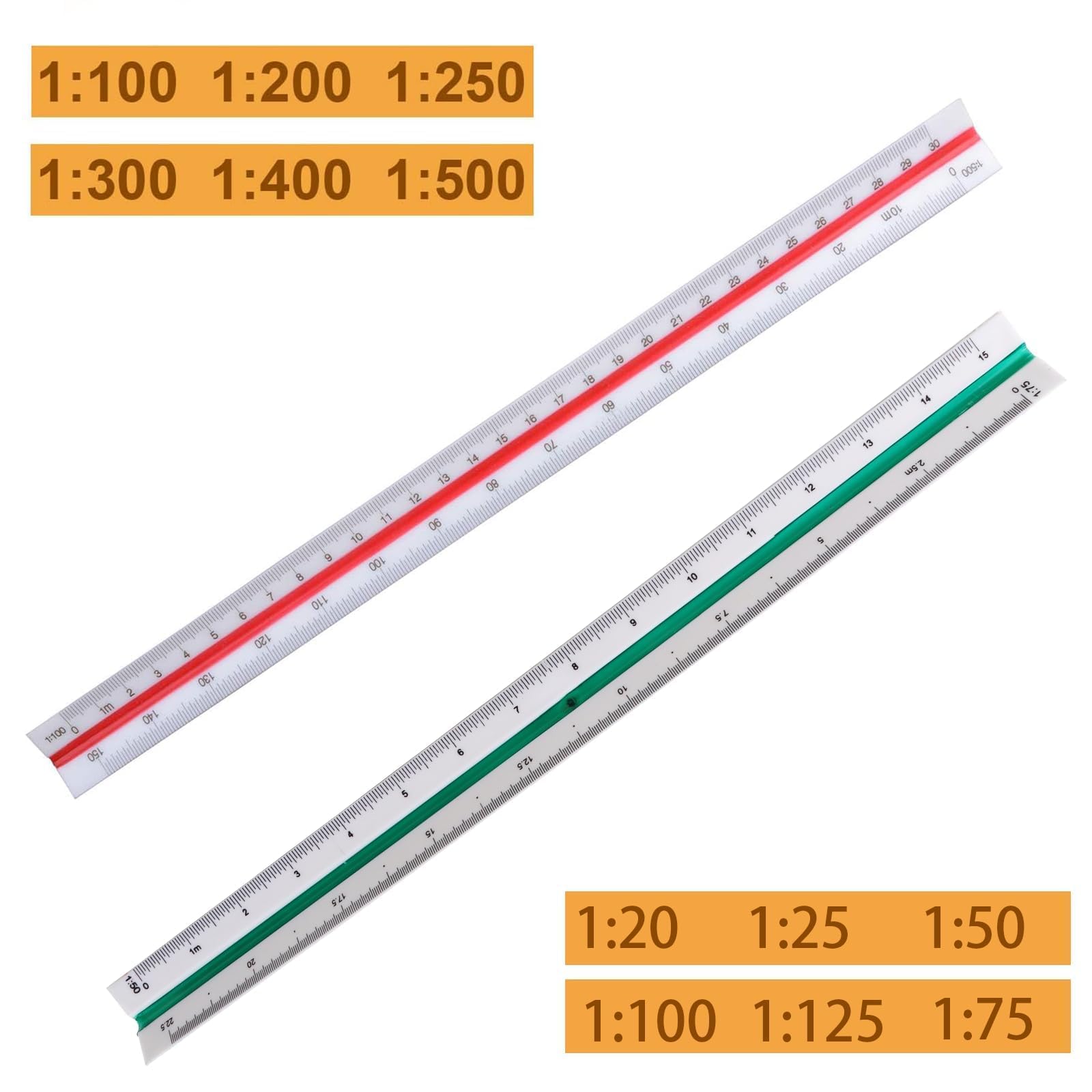 Profesional 2 Piezas Escalímetro de Precisión 30 cm Regla Métrica Triangular para Arquitectos Ingenieros1:20 1:25 1:50 1:75 1:100 1:125/1:100 1:200 1:250 1:300 1:400 1:500 (PVC)
