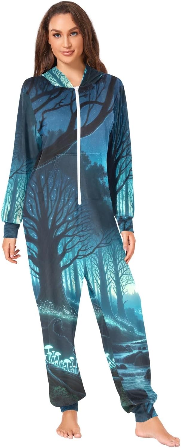 GAIREG Magic Forest Adult Onesie Pajamas Jumpsuit, Soft Plush Hooded One Piece Sleepwear for Men Women