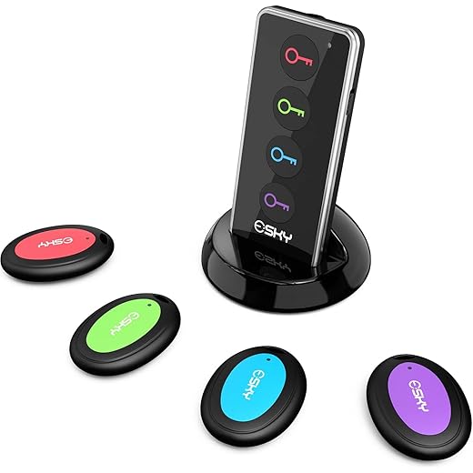 Esky Buscador Llaves, Localizador de Llaves 80dB Localizador Inalámbrico de Llaves con Base de Soporte y LED Control Remoto 1 Radio Frecuencia Transmisor 4 Receptores Negro