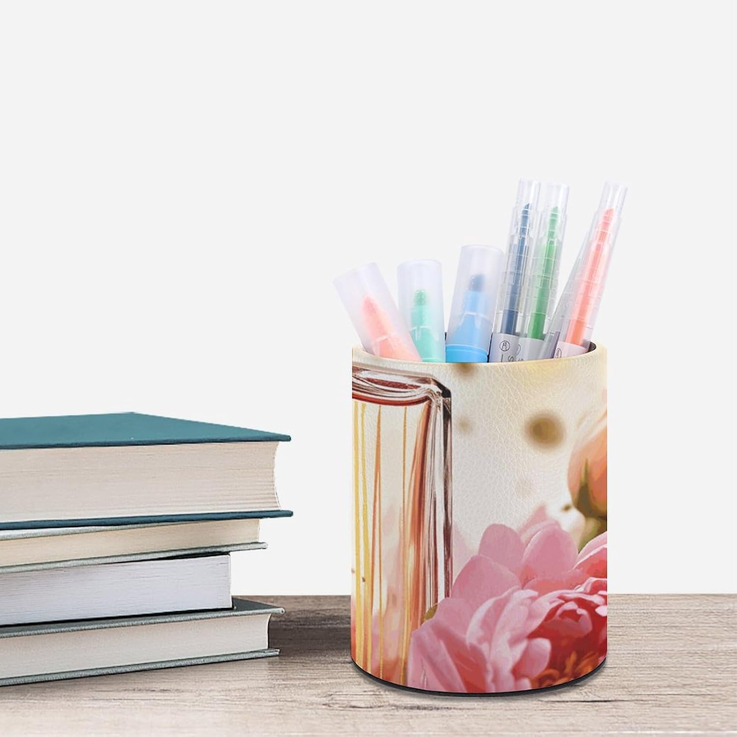 Aesthetic Pen Holder for Desk, Leather Pencil Holder Organizers for Desktop, Round Makeup Brush Srotage Box, Fashion Perfume Pen Cup Holder for Office Desk Accessory Stationery Organizer image 5