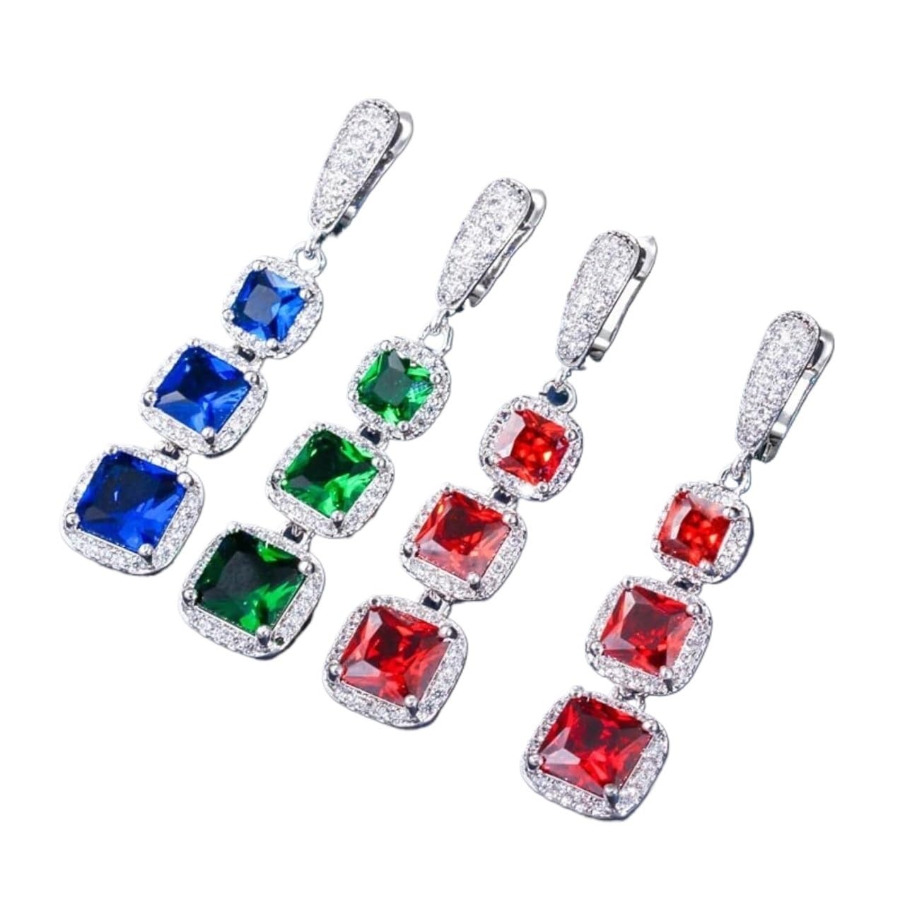 JFGCTYHXY Earrings, Zircons Square Cut Cubic Zircon Blue Green Long Dangle Huggie Hoop s Fashion Ladies Jewelry(Silver Red)