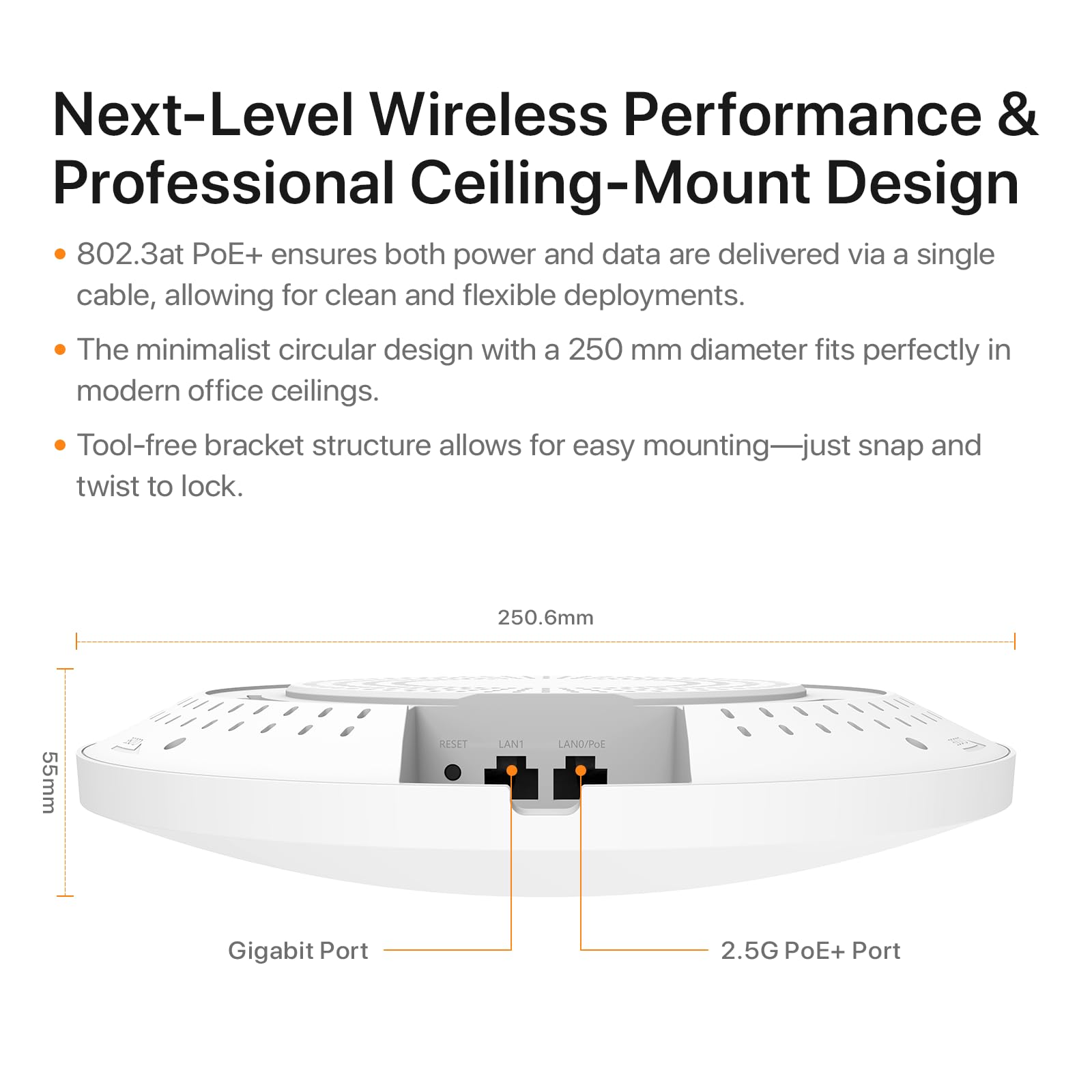 Tenda BE5010 Punkt dostępowy WiFi 7 (1 port 2,5G PoE i 1 port gigabitowy, zabezpieczenia WPA3, wiele identyfikatorów SSID, zarządzanie lokalne/w chmurze, w zestawie zasilacz) (i36)