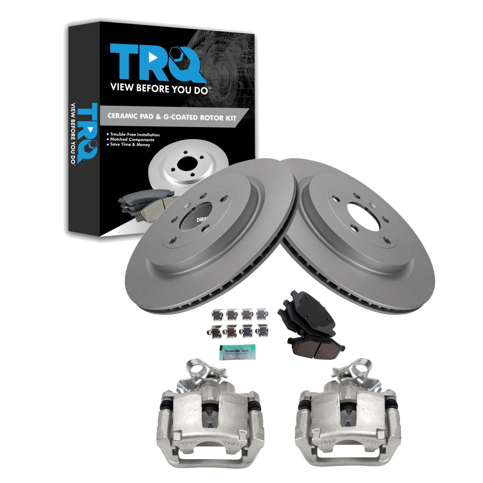 TRQ Rear Brake Pad and Rotor Set Ceramic G Coated Rotors Calipers
