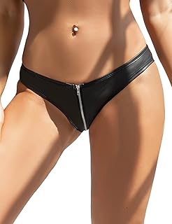 ohyeahlady PU Leather Thong for Women with Zip Oversized Black Sexy Underpants Hot Pants Shorts Rave Panties Wetlook Briefs Low Waist Underwear Micro String Mini Panties S-XXL, black, L