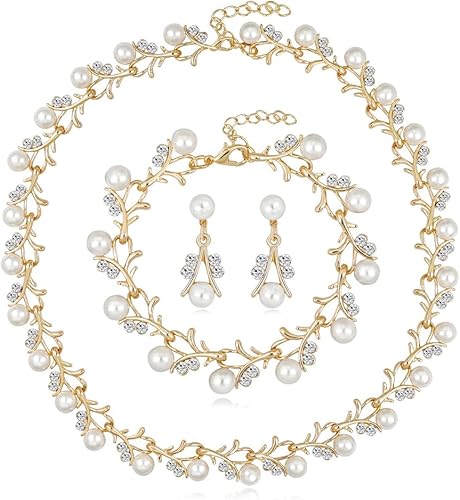 Miniatura 7 de Juego de joyas de boda con perlas de diamantes de imitación para novia, dama de honor, bohemia, ajustable, pulsera de cristal con cuentas, collar,