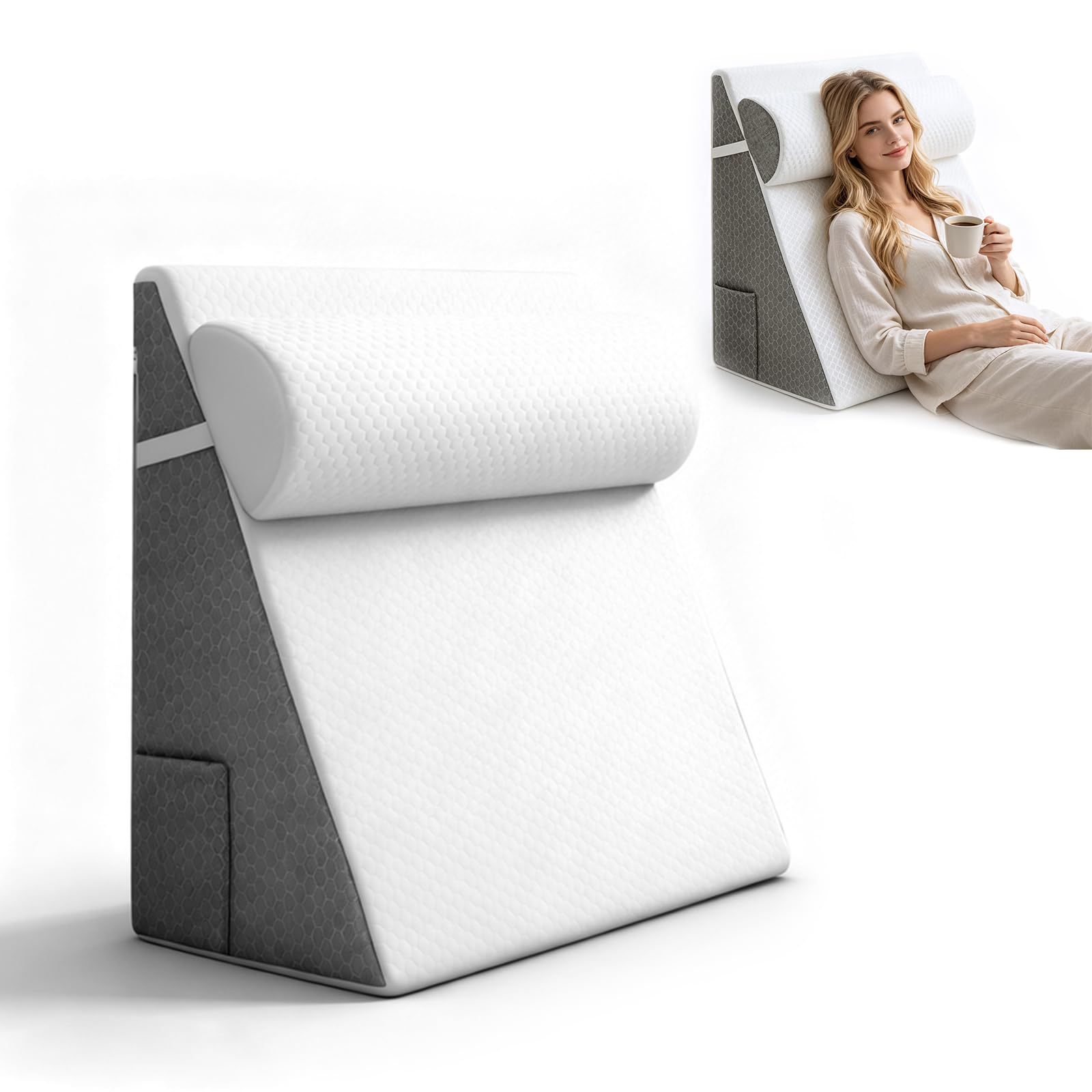 Cuña ortopédica 3 en 1, Alta Elasticidad, 61 x 61 x 25,5 cm | Funda de algodón lavable gris y blanco, espuma, antideslizante, ideal para dormir, leer, elevar las piernas