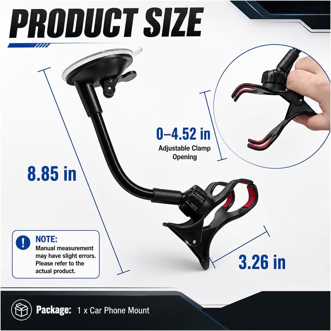 Car Windshield Suction Cup Phone Holder, 360° Rotation Auto Window Cell Phone Mount with Long Arm Clamp, Universal Anti-Shake Vehicle Dash Mobile Phones Holder for All Smartphones (Black)