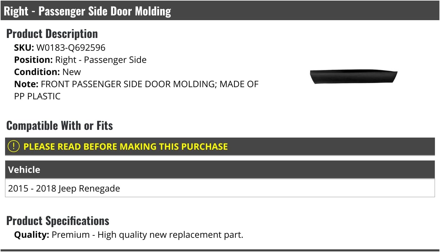 Marketplace Auto Parts Right Passenger Side Door Molding - Compatible with 2015-2018 Jeep Renegade