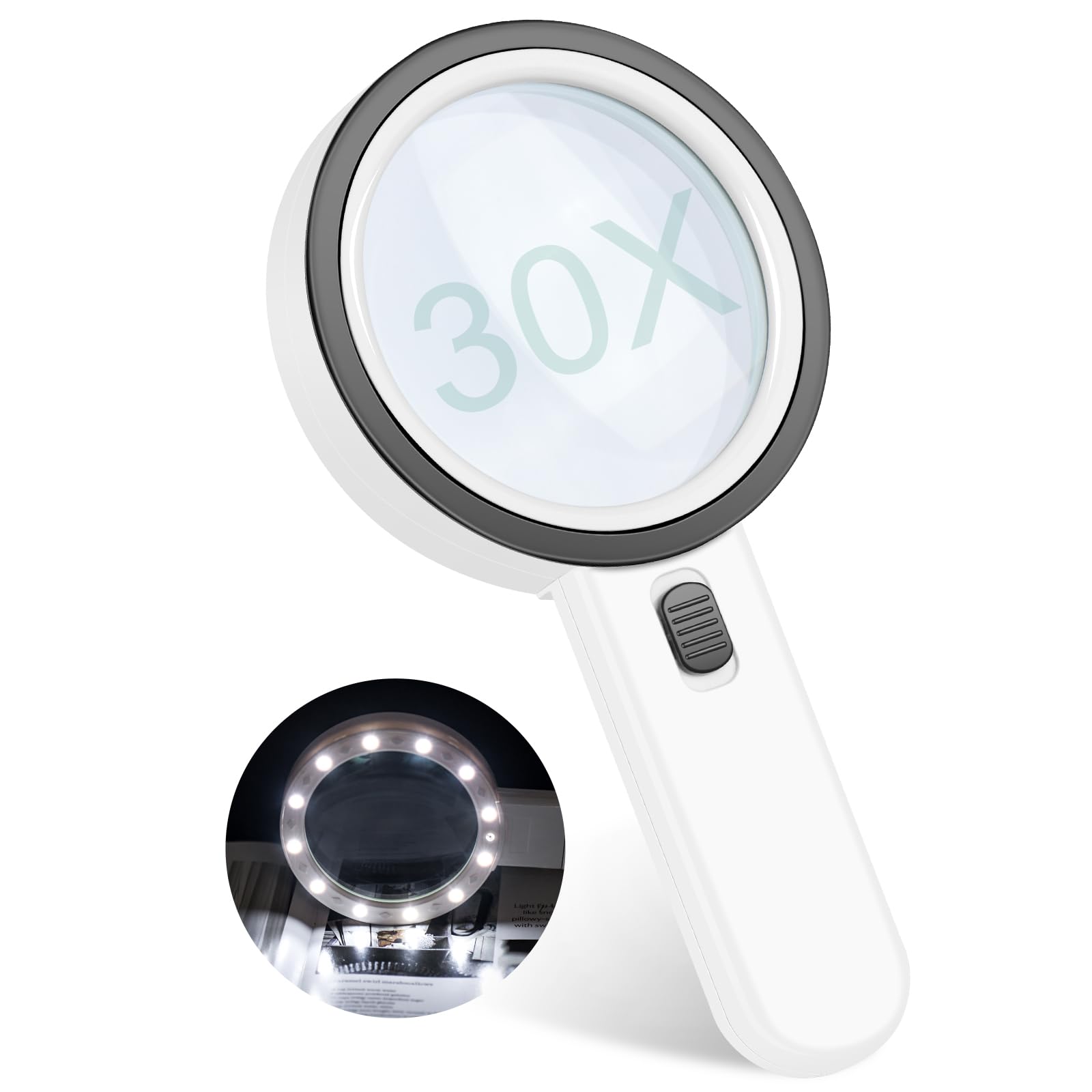 Loupe à Main 30x Avec 13 LED - Grossissement Puissant, Lumière Intégrée, Idéale Lecture, Bijoux, Pièces (piles AA Non Fournies)